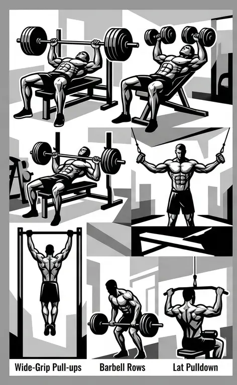 رسومات مجمعة بالأبيض والأسود لستة تمارين للصدر والظهر