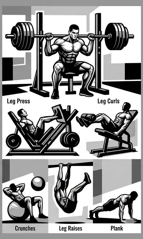رسومات مجمعة بالأبيض والأسود لستة تمارين للأرجل والبطن
