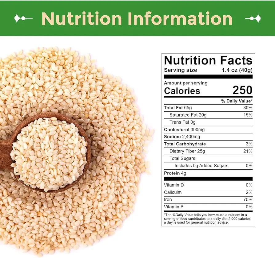 جدول يبين القيم الغذائية لبذور السمسم بما في ذلك الكالسيوم والزنك