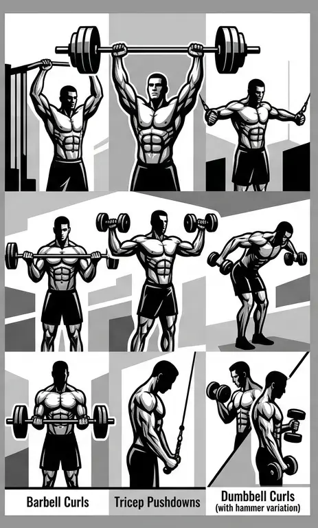 رسومات مجمعة بالأبيض والأسود لستة تمارين للكتف والذراعين